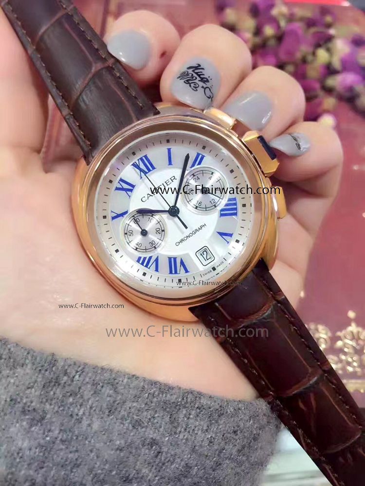 CLE DE Cartier Chrono Rose Gold Roman Dial Watch Fake